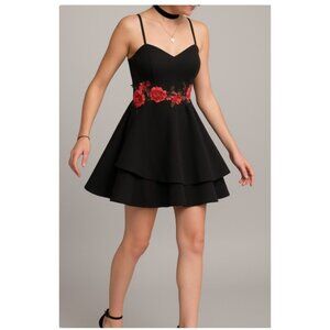 B Smart Black Skater Rose Embroider Mini Party‎ Dress Sz 1 Juniors Y2K Goth Glam